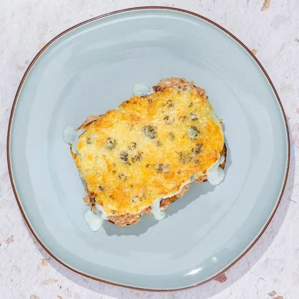 Gratinado de cerdo, pavo, boniato y gorgonzola